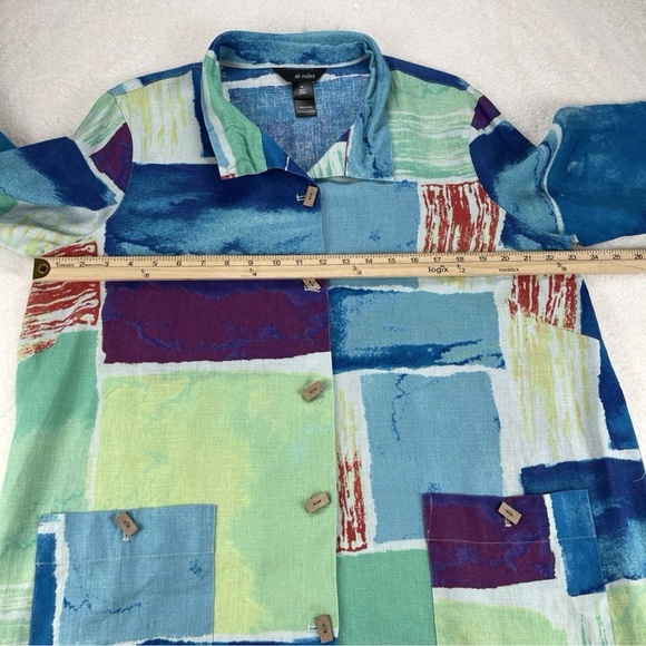 Ali Miles Green Blue Artsy Print Blouse Linen Lagenlook Button Front Top Size XL - Picture 8 of 11